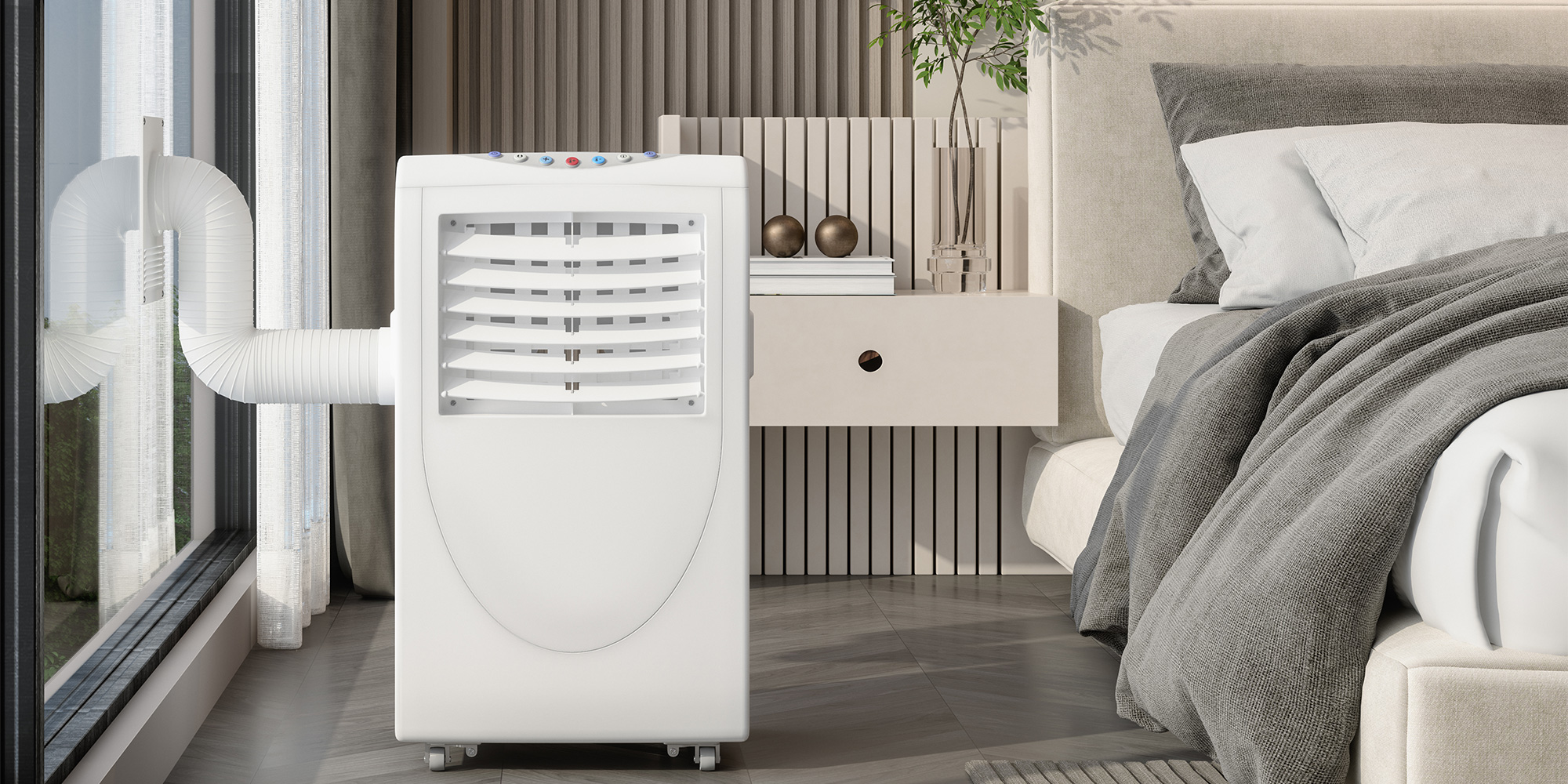 Air conditioner next to bed with hose going out of patio doors