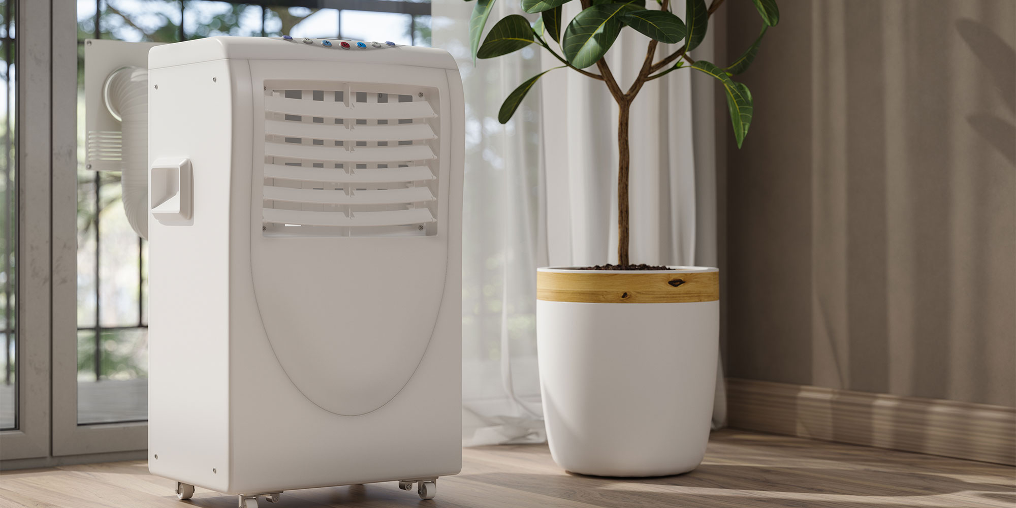 white portable air conditioner next to tall potted plant